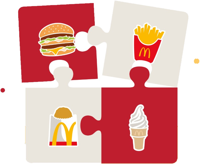 Ilustrasi puzzle berisi Big Mac, kentang goreng, hash brown, dan es krim cone McDonald's